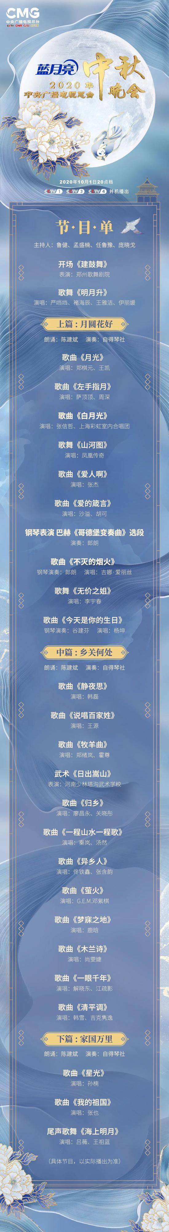 央视中秋晚会完整版节目单 2020央视中秋晚会嘉宾名单直播方式