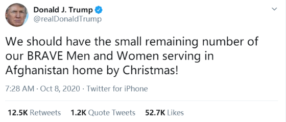 特朗普宣布驻阿富汗剩余美军圣诞前撤回