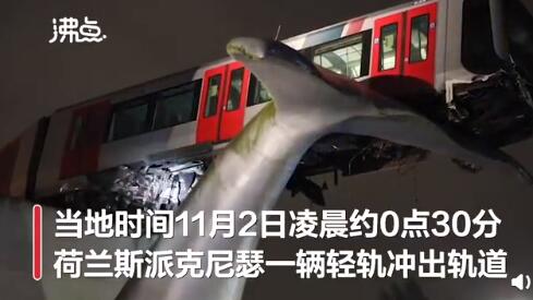 荷兰轻轨冲出轨道被鲸鱼雕像接住 离地面约8米