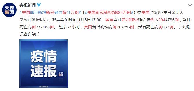 11月9日美国疫情最新消息情况：美国新冠肺炎超994万例