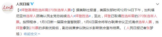 拜登赢得胜选所需270张选举人票 拜登正式赢得美大选