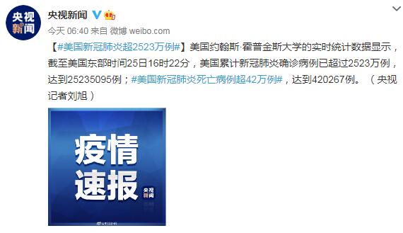 1月26日美国疫情最新消息情况：美国新冠肺炎超2523万例