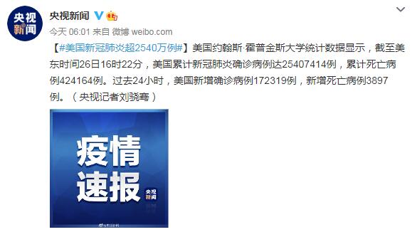 1月27日美国疫情最新消息情况：美国新冠肺炎超2540万例
