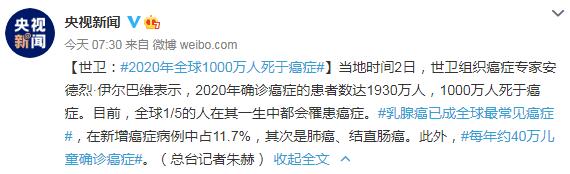 2020年全球1000万人死于癌症 乳腺癌已成全球最常见癌症