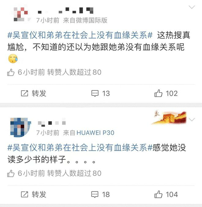 吴宣仪和弟弟在社会上没有血缘关系什么意思？吴宣仪言论引争议