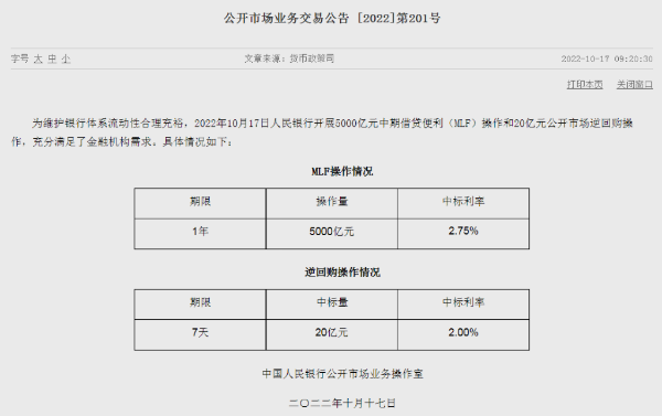 央行开展5000亿元MLF操作 利率不变