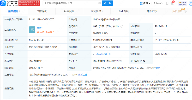 高叶成立个人影视传媒公司 全资持股注册资本100万元