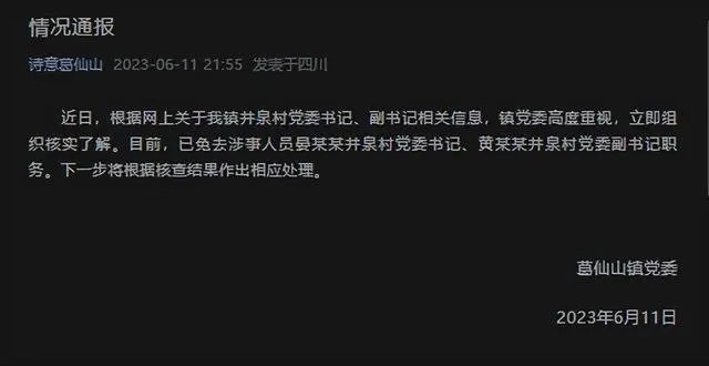 “村副书记出轨书记”事件通报：2名当事人被免