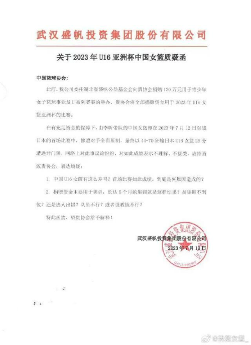 U16女篮惨败日本后赞助商质问篮协 钱花了成绩反而不好