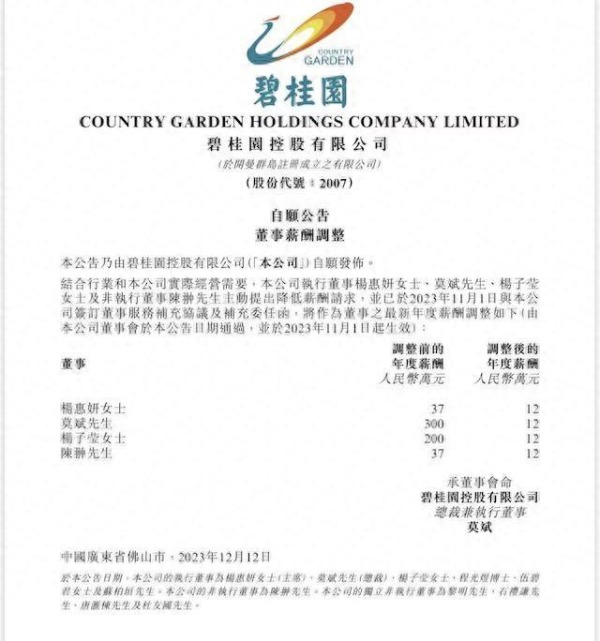  碧桂园主席及总裁降薪至一年12万 此前最高年薪300万