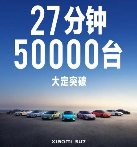 小米汽车27分钟大定突破50000台 SU7标准版售价21.59万