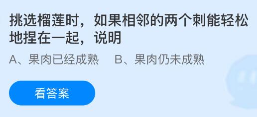 挑選榴蓮時(shí)如果相鄰的兩個(gè)刺能輕松地捏在一起，說(shuō)明果肉熟了沒(méi)？螞蟻莊園課堂今天答案最新9月18日