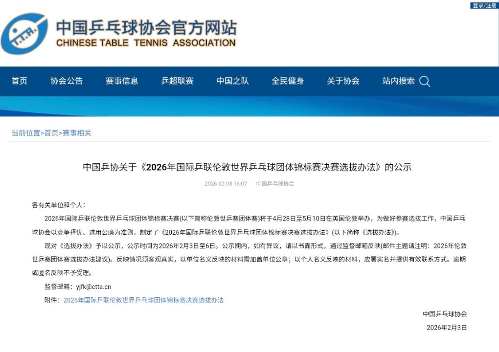 中国乒协公示伦敦世乒赛团体赛选拔办法