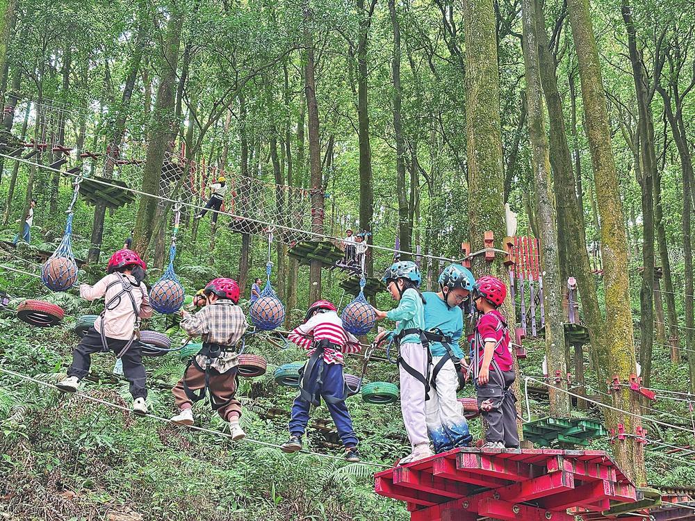 清明假期，廈門海滄天竺山森林公園內(nèi)，小朋友排隊體驗飛躍叢林項目。王孝梅攝