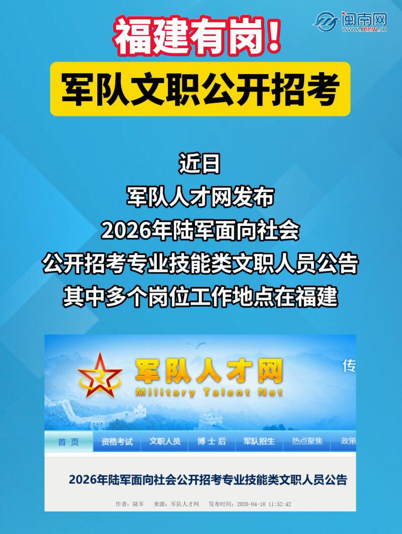 福建有岗！军队文职公开招考