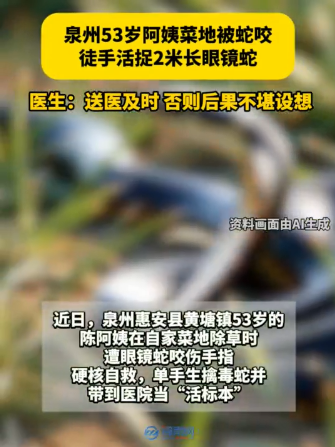 硬核自救！泉州53歲阿姨菜地被蛇咬，徒手活捉2米長眼鏡蛇……醫(yī)生：送醫(yī)及時，否則后果不堪設(shè)想
