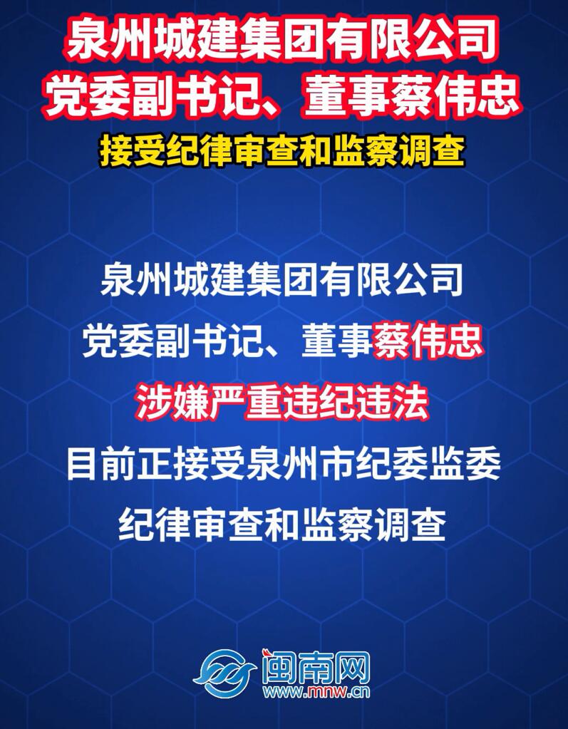 泉州城建集团有限公司党委副书记、董事蔡伟忠接受纪律审查和监察调查