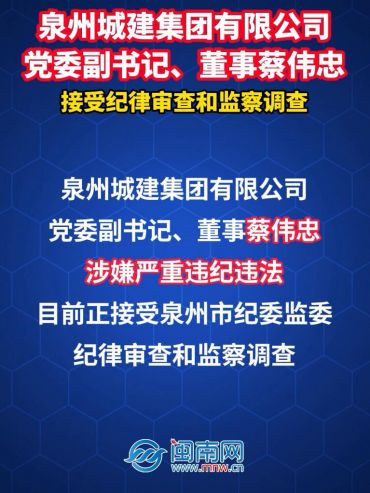 泉州城建集团有限公司党委副书记、董事蔡伟忠接受纪律审查和监察调查