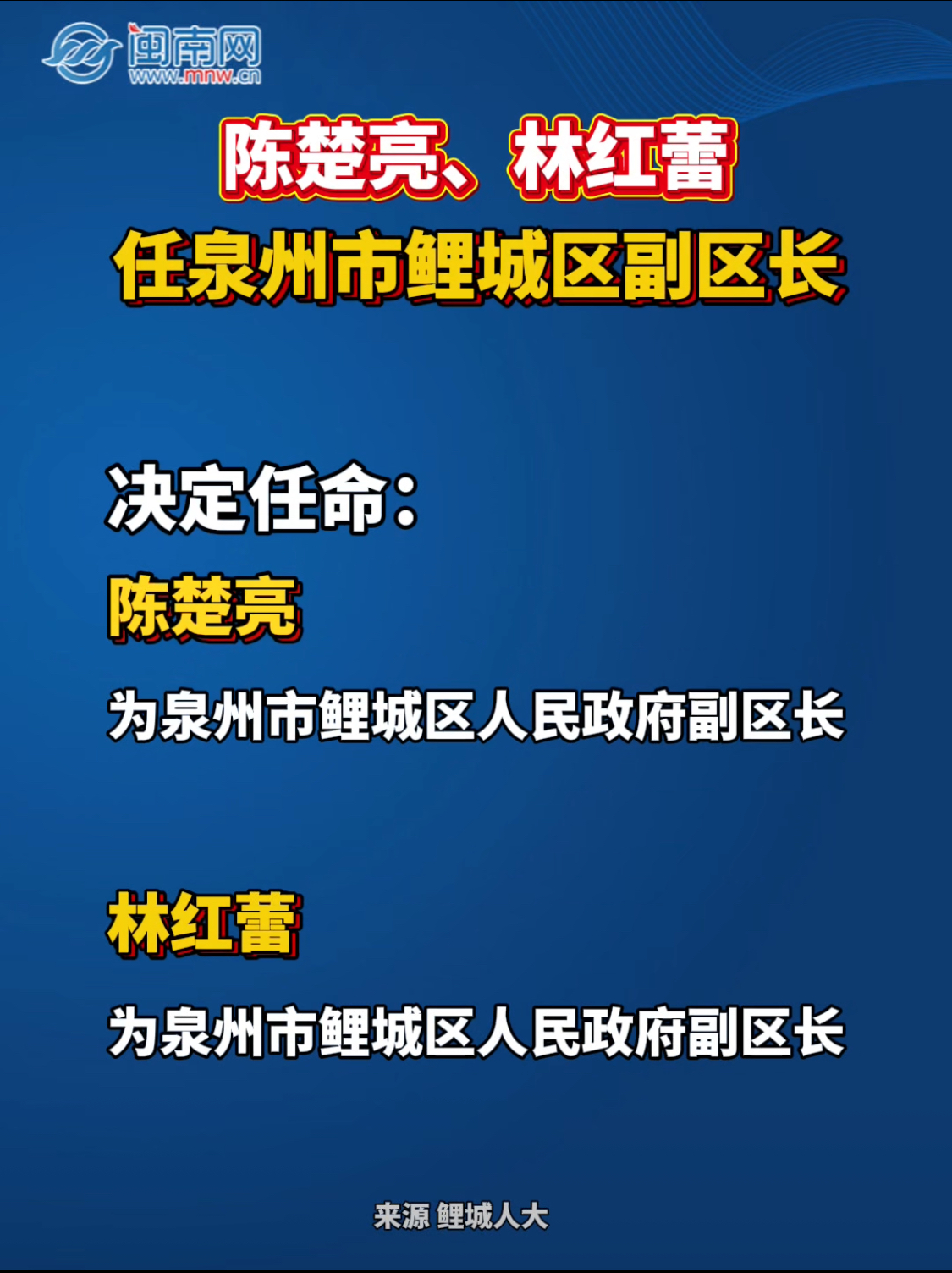 陈楚亮、林红蕾任泉州市鲤城区副区长