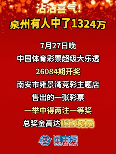 沾沾喜氣！泉州有人中了1324萬