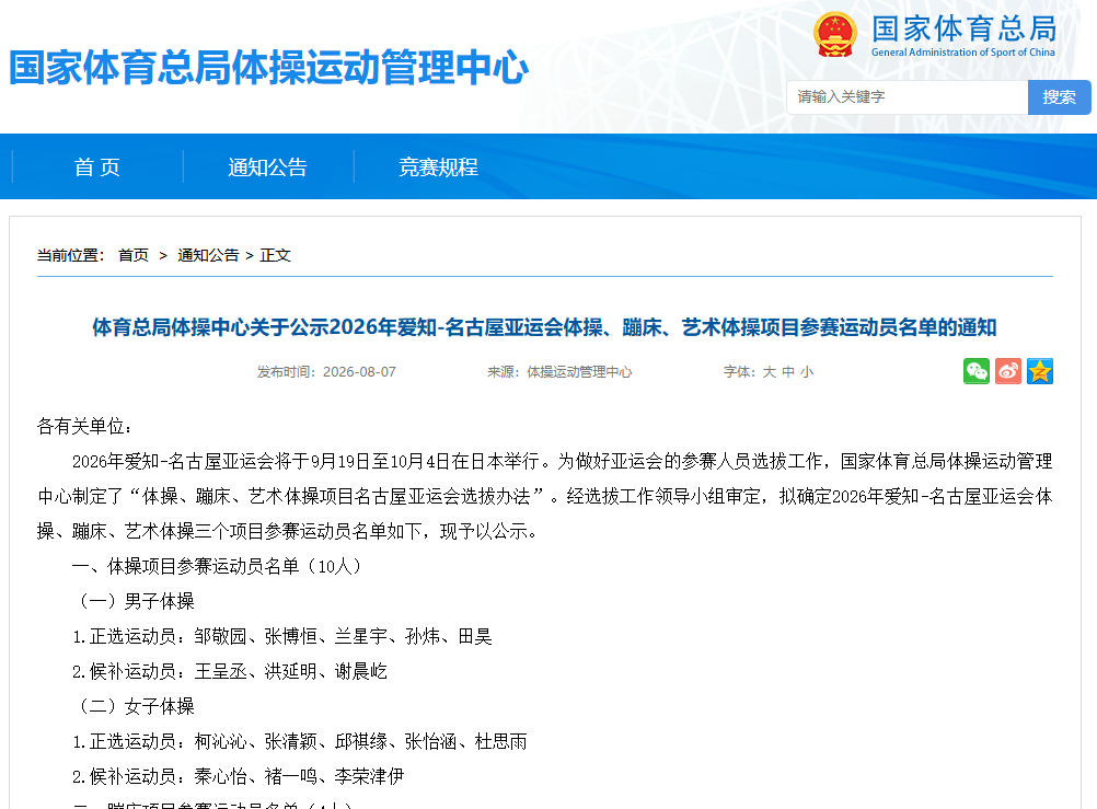 福建2人入选中国体操队亚运会参赛名单