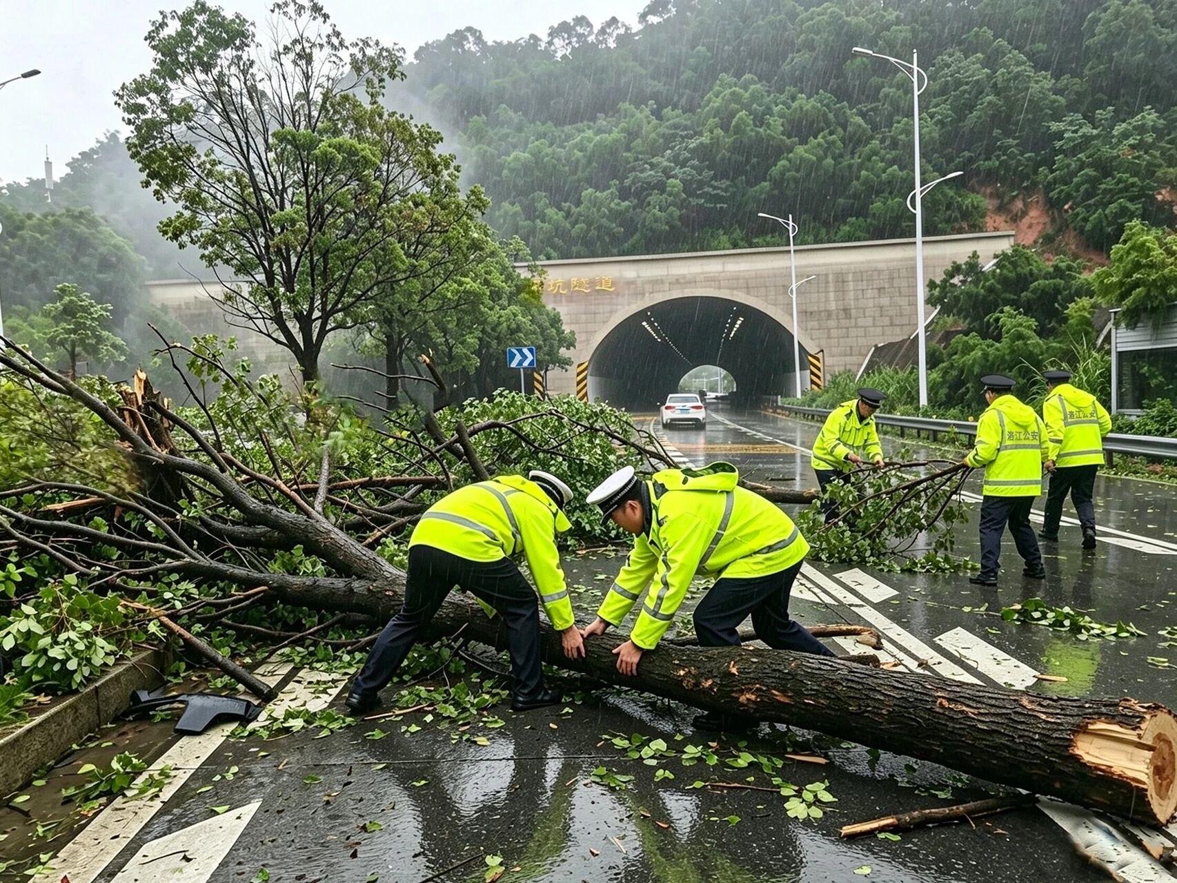 面对树木倒伏、路面积水等灾情，泉州、莆田、龙岩、宁德公安迅速响应，搬移倒伏树木残枝，清理路面障碍杂物，奋力疏通道路积水，消除道路安全隐患，全力守护群众出行平安。