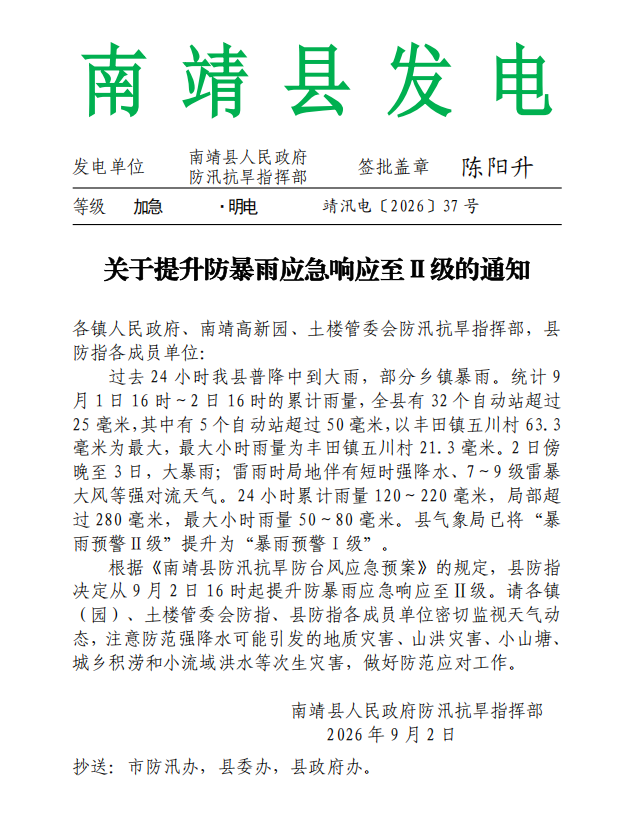 南靖提升防暴雨应急响应至II级！