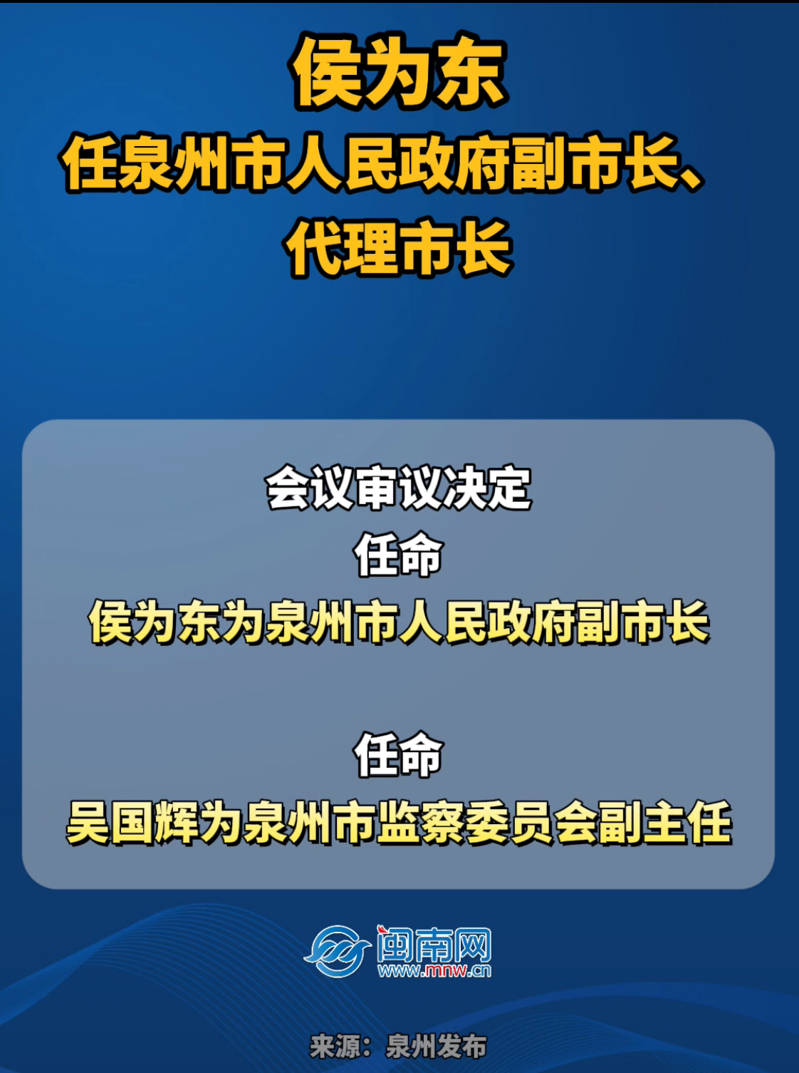 侯为东任泉州市人民政府副市长、代理市长