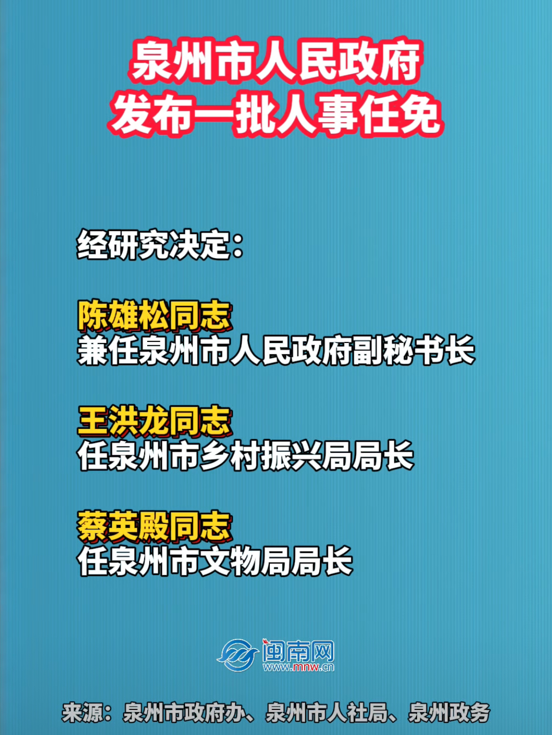 泉州市人民政府发布一批人事任免