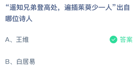遥知兄弟登高处，遍插茱萸少一人&rdquo;出自哪位诗人？蚂蚁庄园今日答案最新10.18