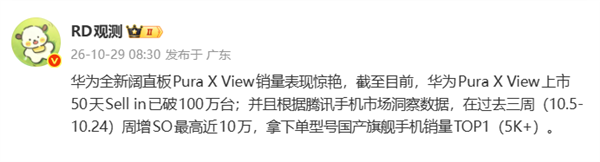 首创阔直板卖爆了！华为Pura X View上市50天出货量破100万台