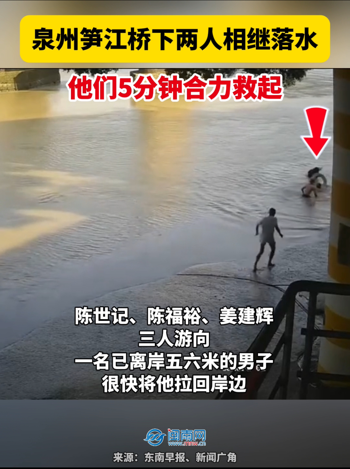泉州笋江桥下两人相继落水，他们5分钟合力救起！